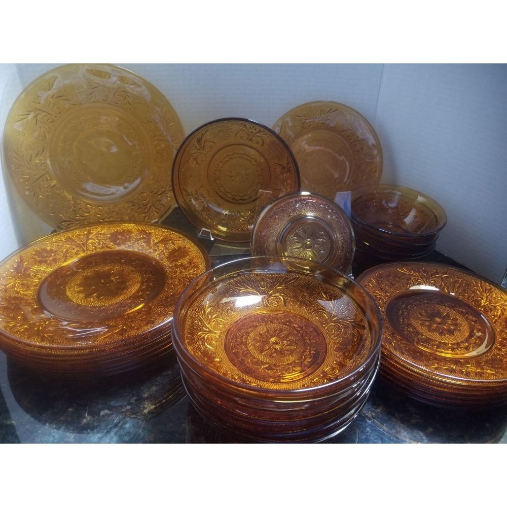 2 Tiara Amber Sandwich Anchor Glass plate